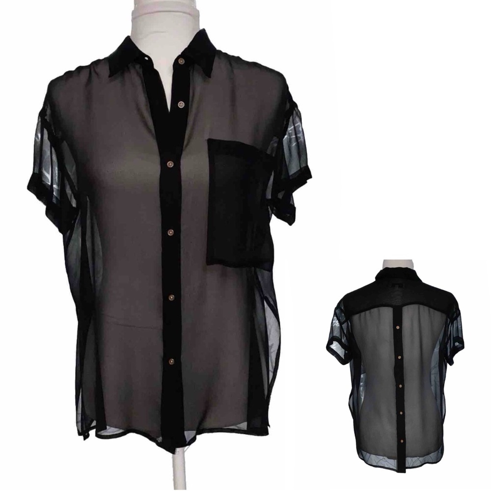 OPENING CEREMONY SHEER BLACK FRONT BACK BUTTON UP COLLARED SHORT SLEEVE TOP
